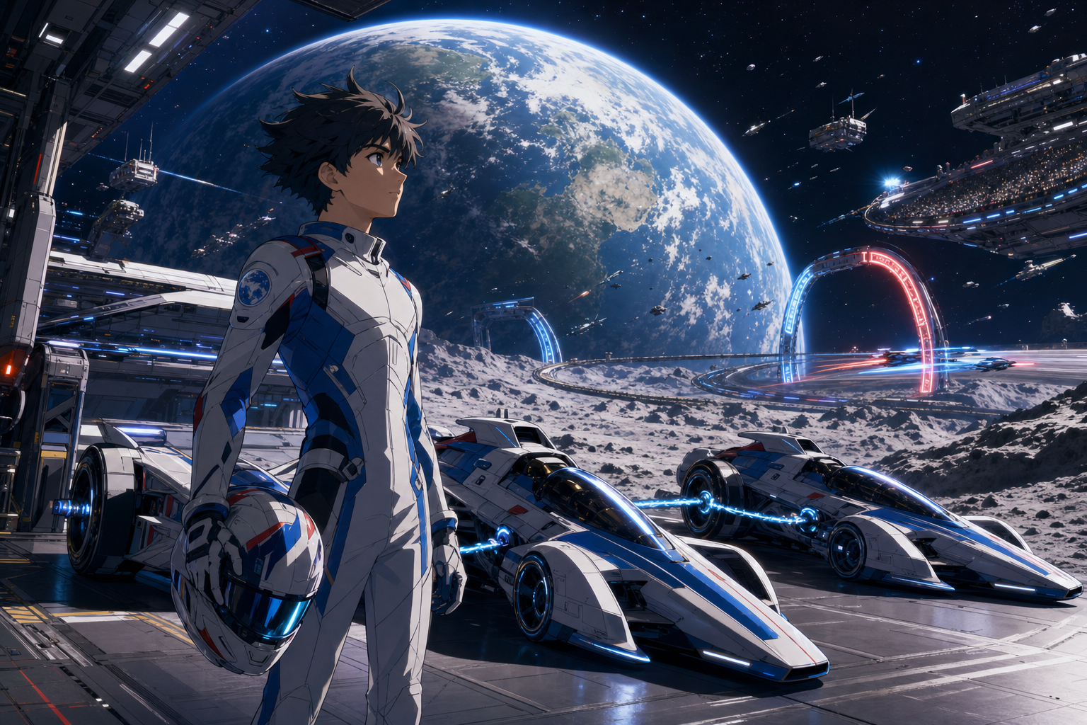 Anime style concept art of a young Team Earth racer on the Moon with racing ships and Earth behind him.