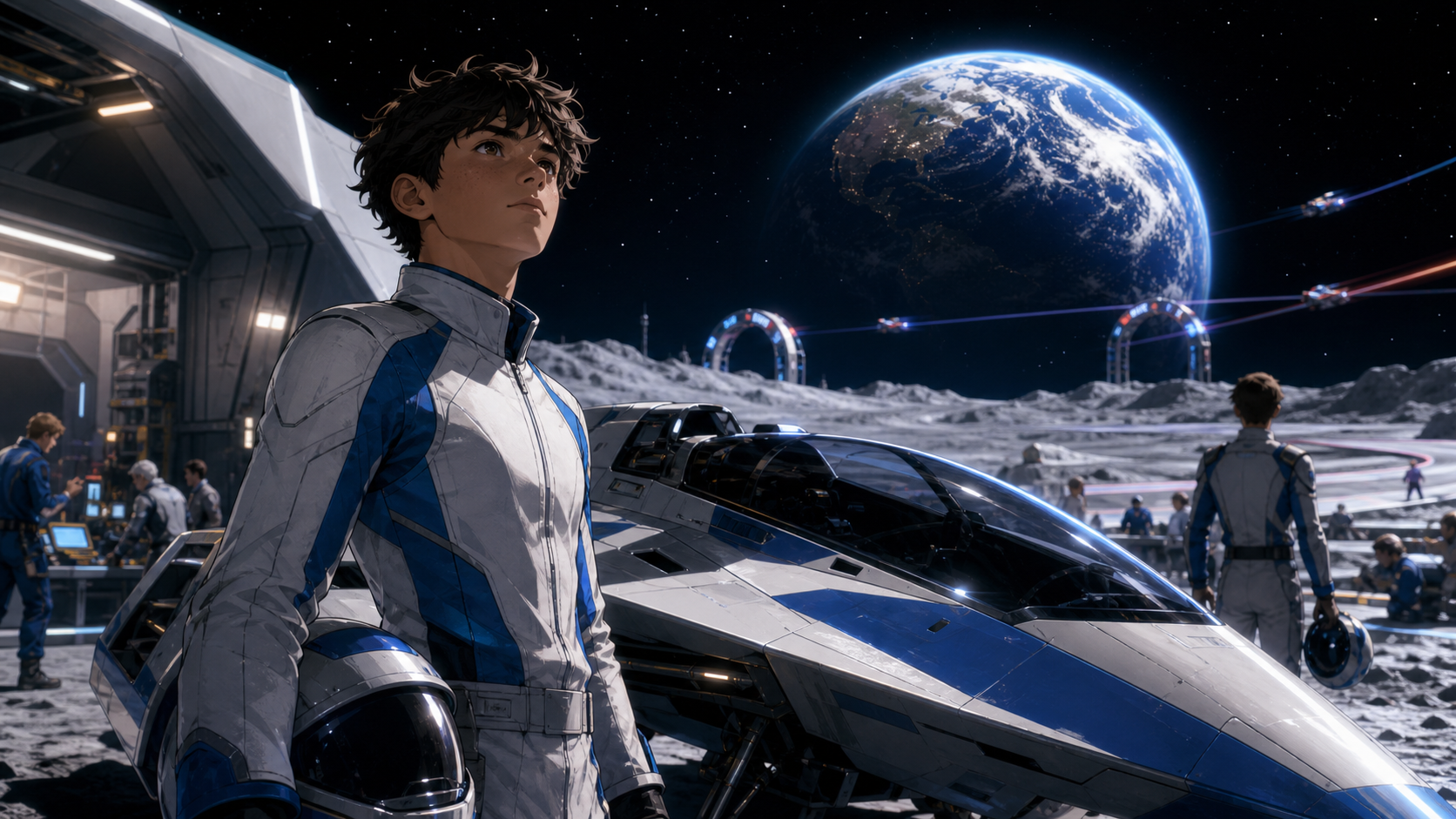A young Team Earth racer stands on the Moon beside a space racing ship with Earth in the sky.