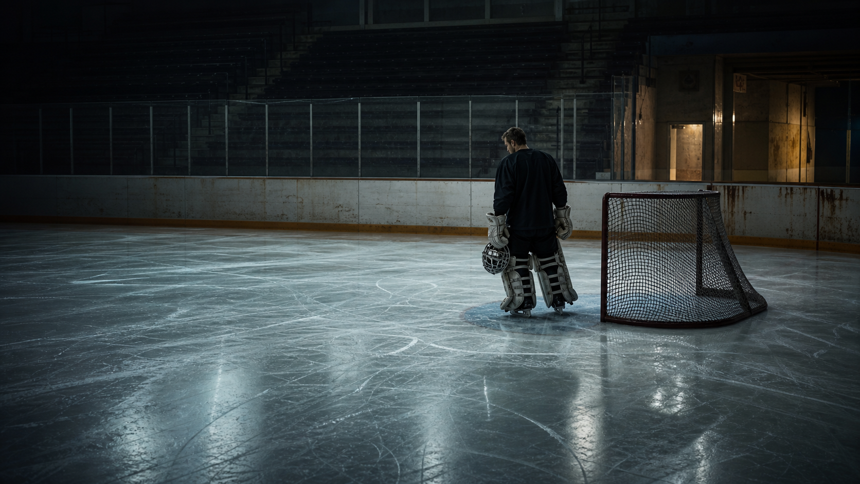 A lone former hockey goalie stands on an empty community rink beside the net after closing.
