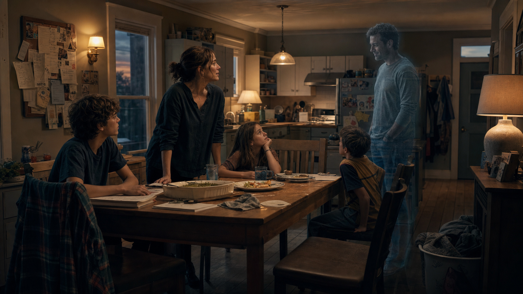 A widowed mother and three children sit in a warm kitchen with the ghost of their father standing nearby.
